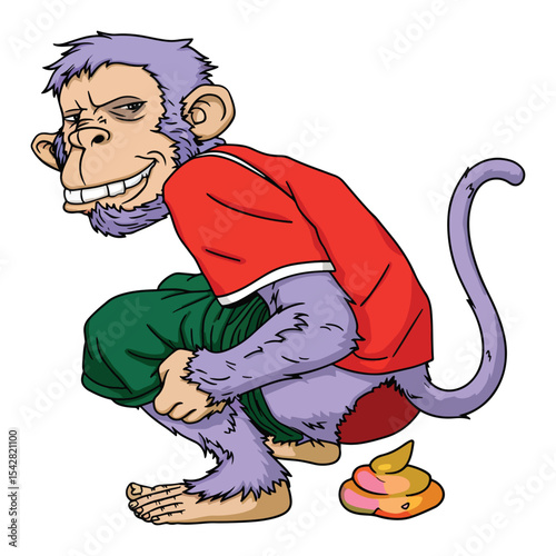 Cute monkey pooping character vector illustration.
