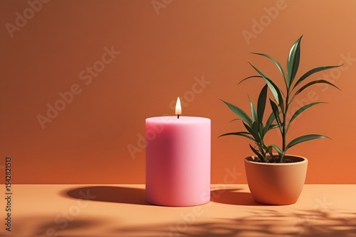 Minimalist Pink Candle and Green Plant on Orange Background