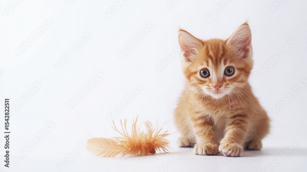 Fototapeta premium Adorable Ginger Kitten Playing with Feather Toy Cute Pet Photos, Playful Cat Images, Happy Feline Fun, Kitten Stock Photography