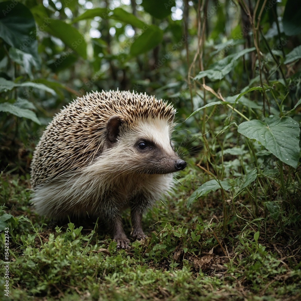 Fototapeta premium A wild hedgehog sniffing jungle plants, white background