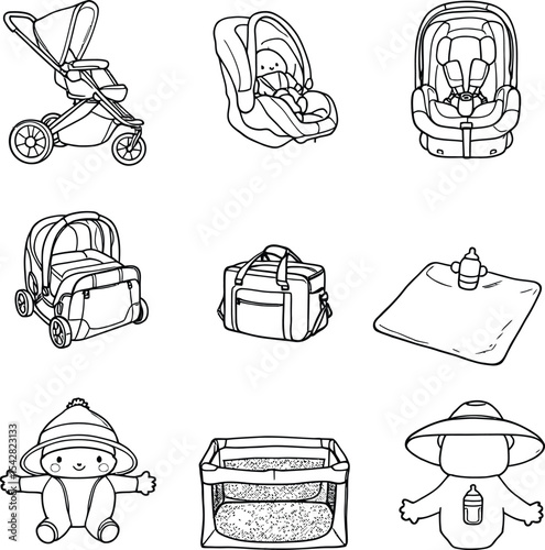 Black-and-White Vector Illustrations of Baby Essentials – Car Seats, Diaper Bags, and Play Items in Minimalist Style
