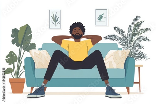 Man sitting on the sofa at home, experiencing a headache and dizziness, struggling with discomfort after overworking., Generative AI