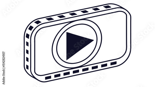 Isometric view of a media player icon with film strip border and play button on a white background