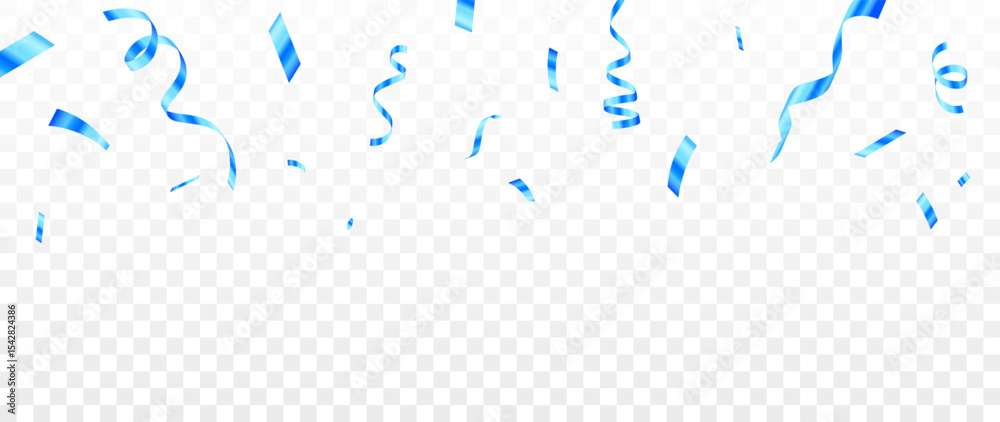 Fototapeta premium Celebration Background with Falling Blue Confetti and Ribbons on Transparent Backdrop.