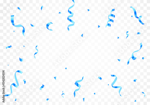 Blue Confetti and Ribbon Falling on Transparent Background for Party Decorations.