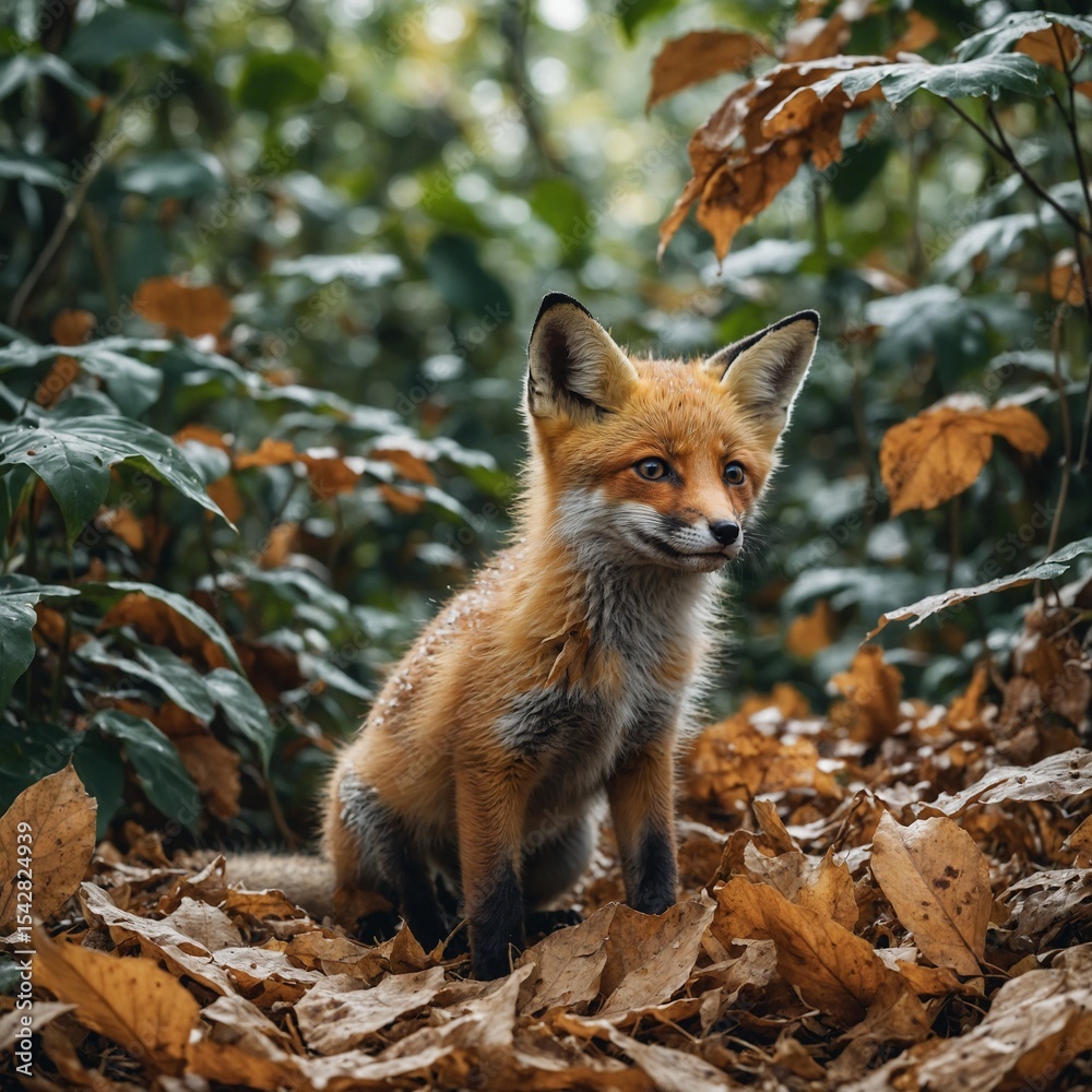 Fototapeta premium A jungle fox cub playing in the leaves, white background