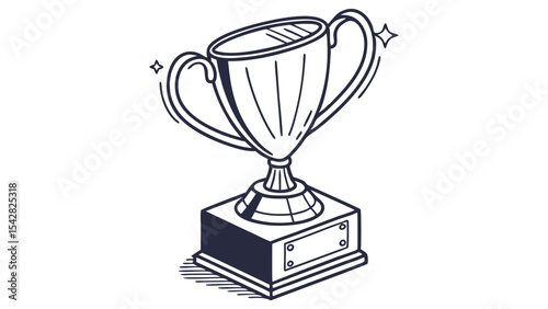 Illustration of a trophy with handles and a base, outlined in black with sparkles on either side