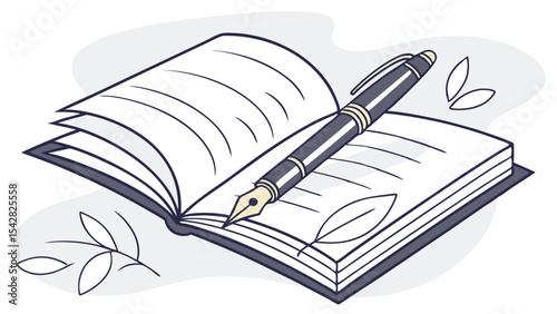 Illustration of an open book with blank pages and a pen resting on it, surrounded by leaf accents