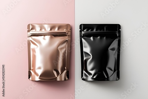 Flat Lay of Two Blank Stand-Up Metallic Pouches on Pastel Background