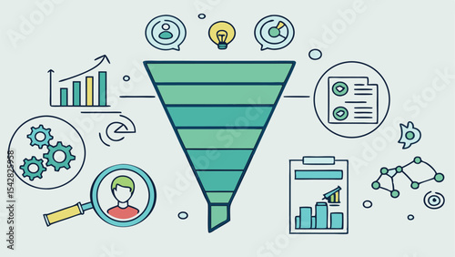 Illustration of a sales funnel with associated business and marketing icons and elements arranged around it