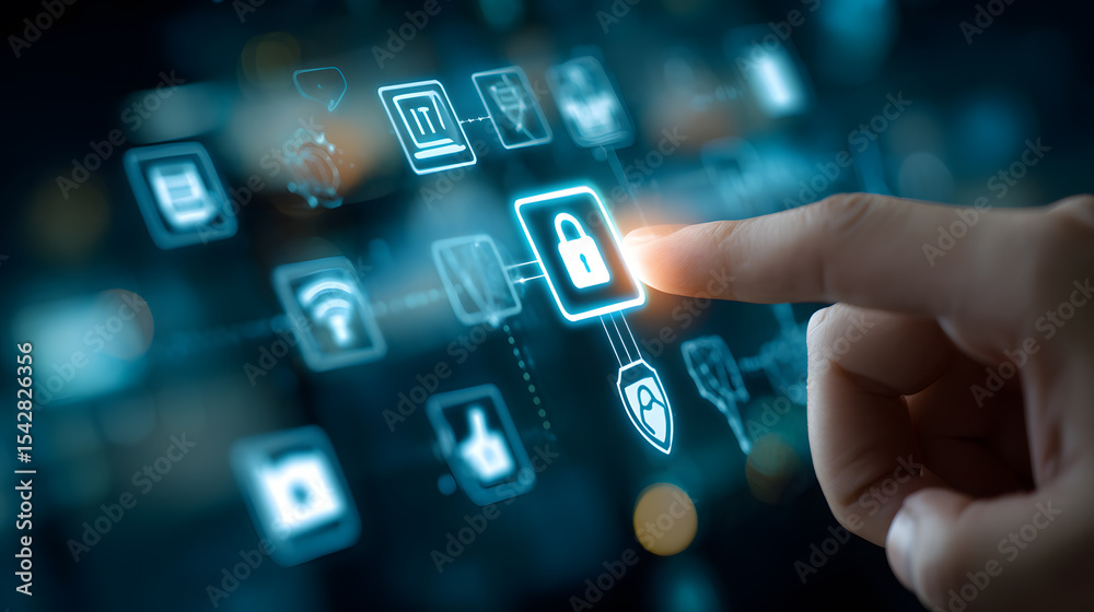 Obraz premium Hand Touching Digital Security Icon on Teal Interface