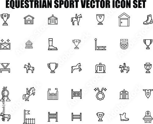 Equestrian Sport Icon Set – Adjustable Line Stroke Vector Collection with Horse Riding Elements