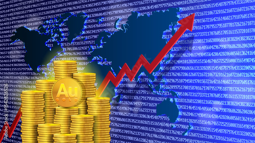 Vector economic poster. 3d stacks of glowing golden coins, world map and red up arrow. Blue digital background. Finance and savings