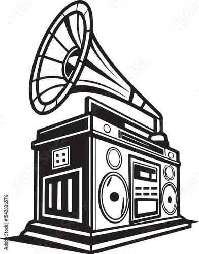 Vintage Boombox Silhouette Vector Clipart, Retro Radio Cassette Player SVG, 80s Music Stereo, Old School Boombox, Hip Hop Radio Speaker Icon. Radio Logo, Radio Icon with white Background.