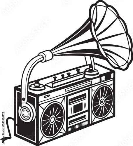 Vintage Boombox Silhouette Vector Clipart, Retro Radio Cassette Player SVG, 80s Music Stereo, Old School Boombox, Hip Hop Radio Speaker Icon. Radio Logo, Radio Icon with white Background.