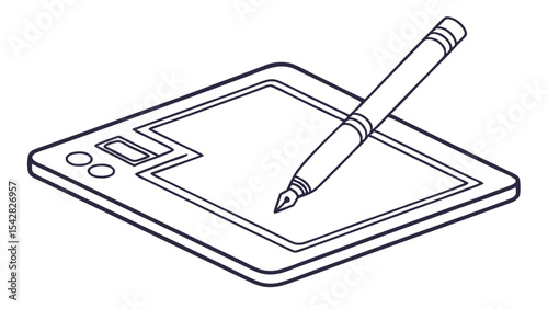 Outline drawing of a graphic tablet with a pen resting on the surface ready for digital illustration