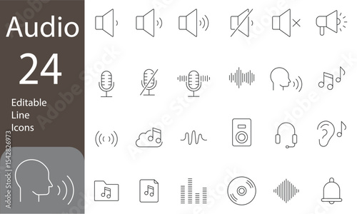 Audio Editable Line Icons Set. Sound, speaker, microphone, music, multimedia, equalizer, audio and more. Vector illustration