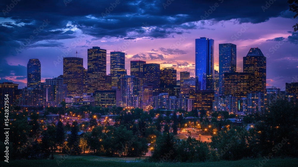Obraz premium Cityscape at twilight, skyscrapers illuminated against a dramatic sky.