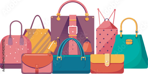 A vibrant collection of stylish handbags and fashion accessories in diverse designs and sizes, perfect for trendy looks.