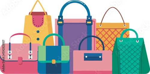 A vibrant collection of stylish handbags and fashion accessories in diverse designs and sizes, perfect for trendy looks.