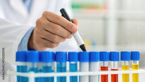 A laboratory technician marks test tubes with colored liquid in a clean workspace, highlighting scientific research and analysis.