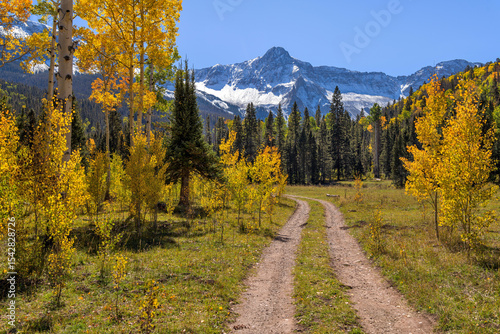 Autumn Peak - A back-country road winding towards rugged Mears Peak, Uncompahgre National Forest, Ridgway/Telluride, Colorado, USA.