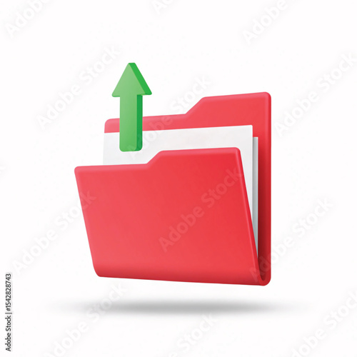 Red 3D folder icon with a prominent red upload arrow, symbolizing data transfer and document sharing on the web