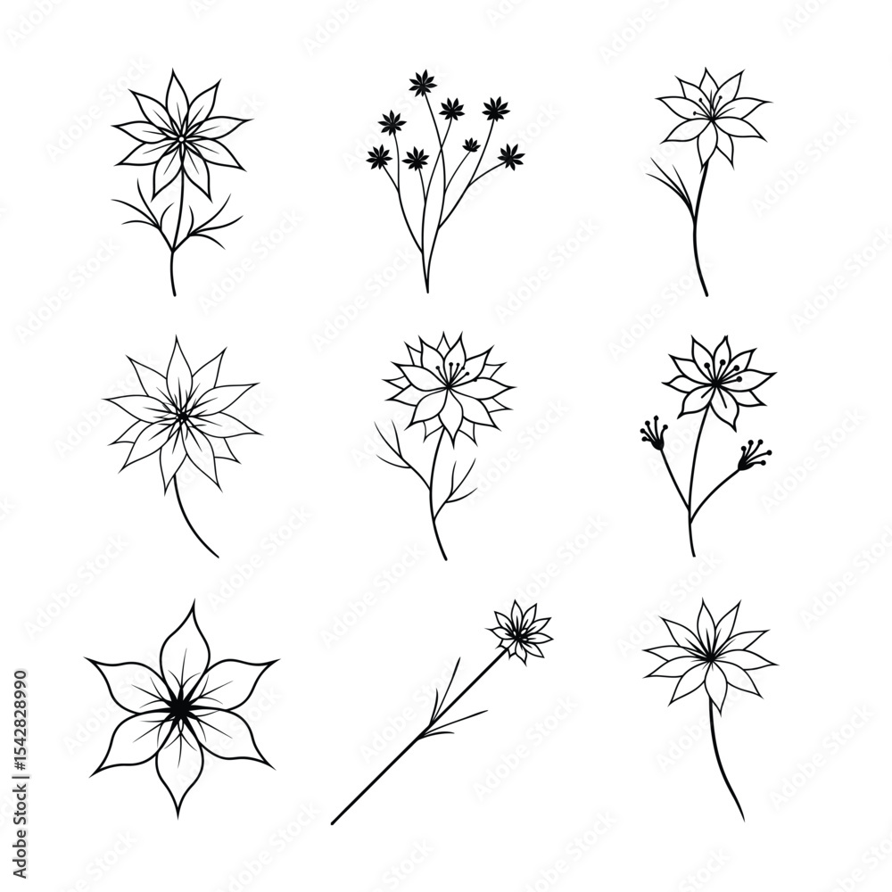 Obraz premium Nigella Flower Line Art Vector Set Collection