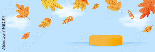 Horizontal autumn banner with yellow podium and swirling foliage on sky background. Great for web headers and fall promotions. Vector illustration