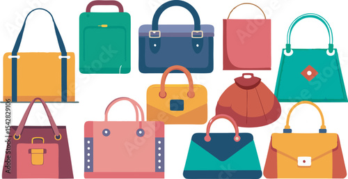 A vibrant collection of stylish handbags and fashion accessories in diverse designs and sizes, perfect for trendy looks.