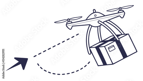 Drone delivering a package with a dotted line indicating the path and an arrow showing direction