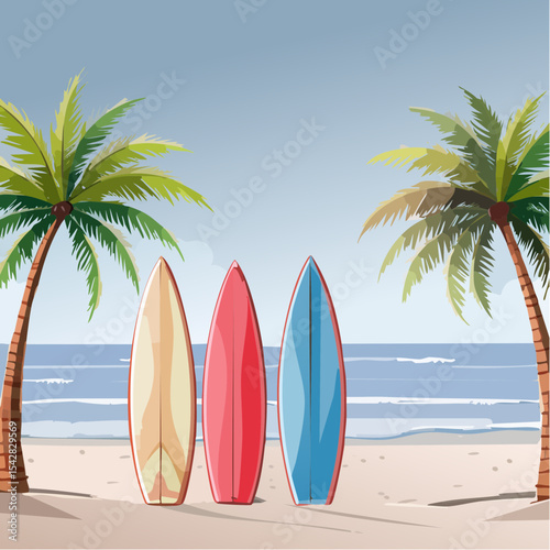 여름날 해변 야자수와 백사장에 세워져 있는 서핑보드 Surfboards standing on the beach palm trees and white sand on a summer day
