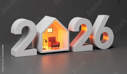 3D Graphic of the Year 2026 with Home Interior and Warm Lighting Effect