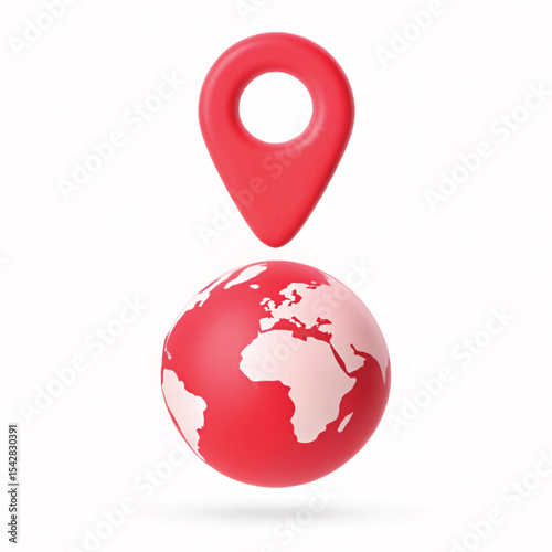 Red glossy 3D globe with a pointer highlights global business, travel, and communication across continents like Europe and America