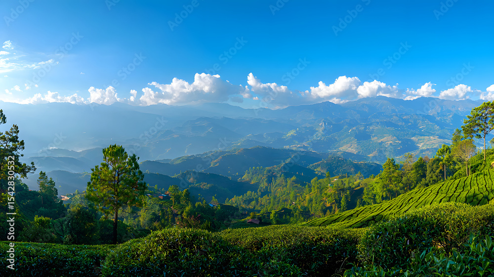 Fototapeta premium beautiful panorama of the landscape of tea plantations in the rays of the morning sun