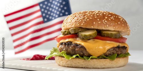 Juicy cheeseburger with pickles and american flag