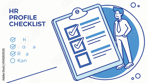 Illustration of a checklist with completed items, a man in a suit, and hr profile checklist text.
