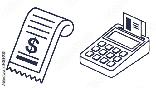 Illustration of a receipt with a dollar sign and a card reader with a credit card inserted in it