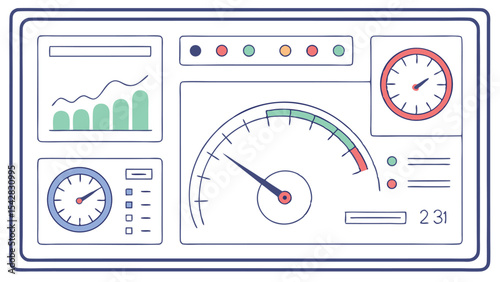 Illustration of a dashboard with graphs, gauges, and indicators displaying data and performance metrics