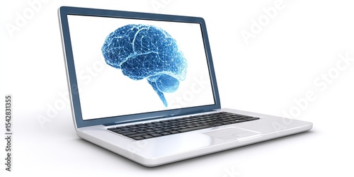 photo of a laptop with a digital brain on screen 