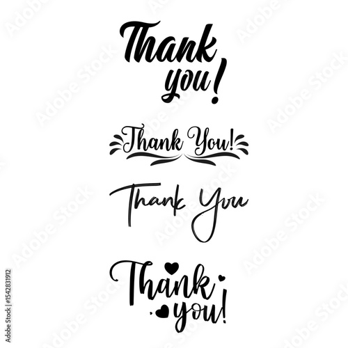 A set of stylish “Thank You” text designs in elegant calligraphy style. Includes multiple variations with decorative elements, perfect for greeting cards, invitations, stickers,and social media.  