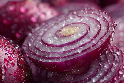 A close-up of sliced red onion with water droplets, highlighting the vibrant pink and purple hues of each slice