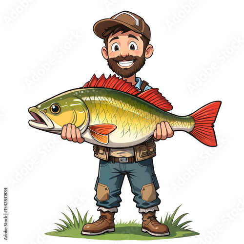 Happy fisherman holding a big fish on a transparent background