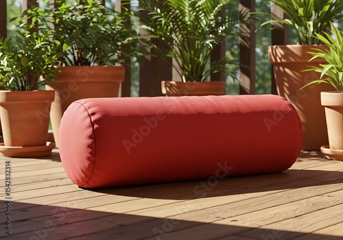 Relaxing outdoor seating with a vibrant red bolster pillow on a wooden deck