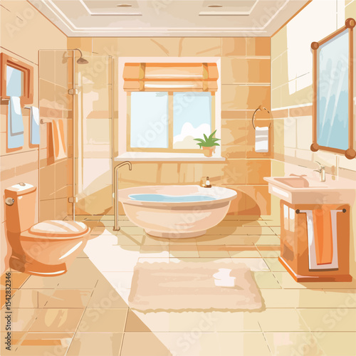 home, room, bath, interior, mirror, sink, bathroom, towel, furniture, lamp, apartment, wall, illustration, cartoon, washbasin, vector, design, modern, style, indoor, background, toilet, shelf, water, 