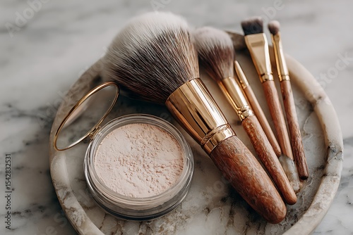 A set of makeup brushes and powder on a marble table, close-up, beauty concept.