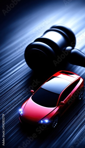 Red car and gavel on a dark surface