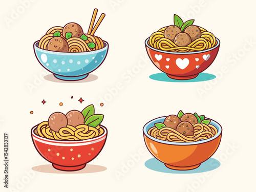 Cute Cartoon Noodle Soup with Meatballs Vector Illustration