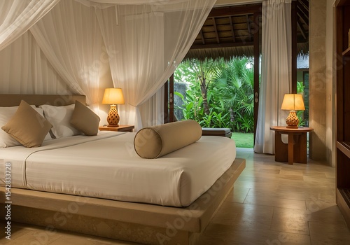 Serene bedroom with canopy bed and garden view for relaxing tropical vacation