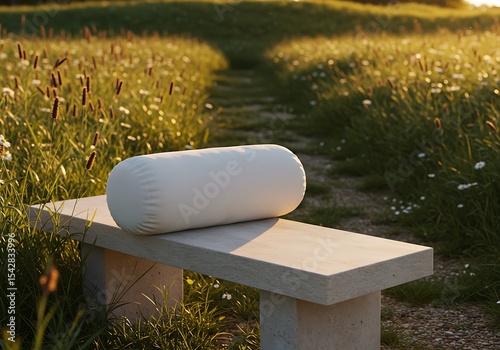 Serene countryside scene featuring a bolster pillow on a stone bench at sunset